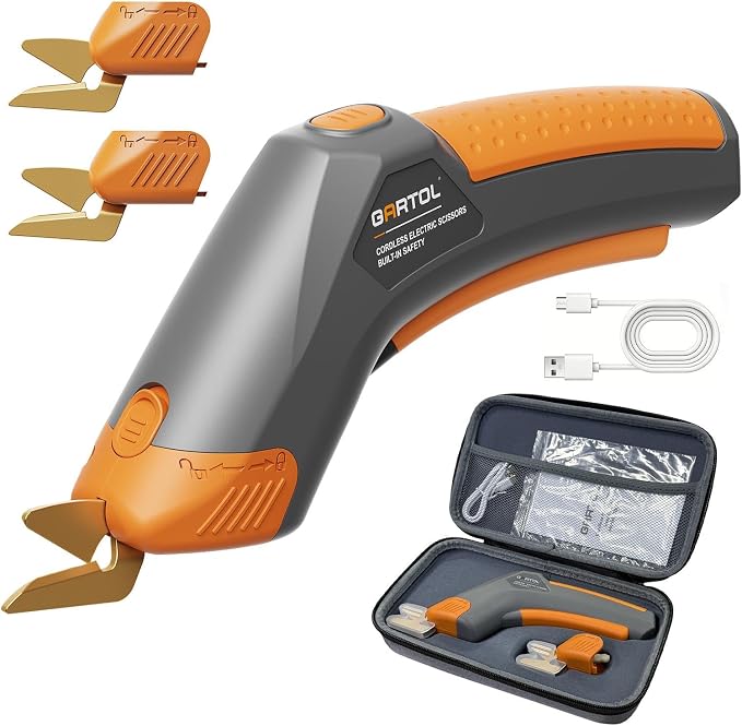 GARTOL Cordless Electric Scissors for Arthritis Hands, 4V Rechargeable Cardboard Cutter with 2 Blades & Storage Bag, Type-C Electric Box Cutter for Fabric, Crafts, Leather, Carpet, 2000mAh