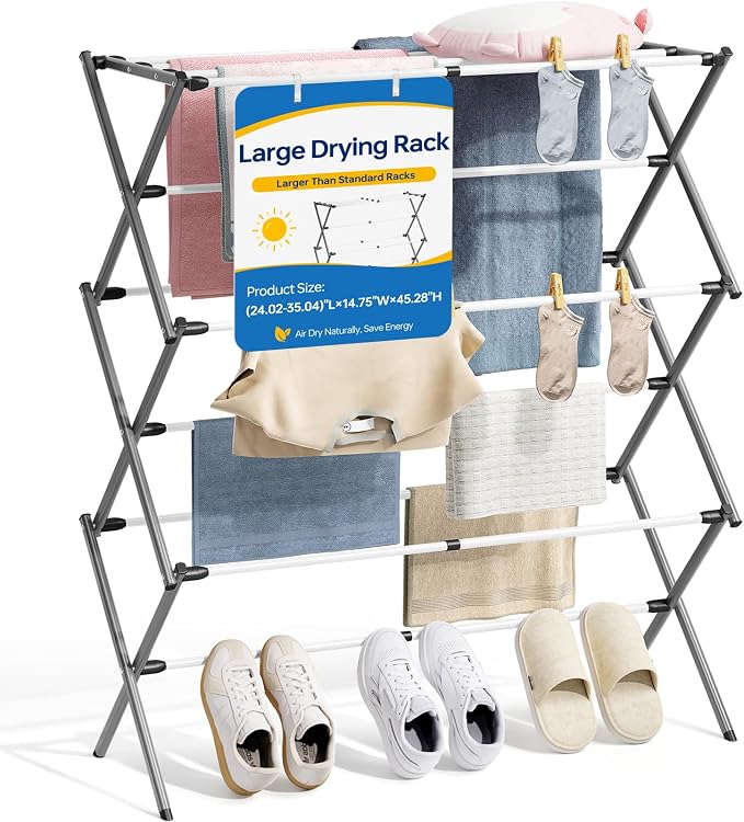 APEXCHASER 3-Tier Foldable Clothes Drying Rack, Metal Expandable Laundry Rack, 45.28" Height, Adjustable Width 24.76-35.51", Space Saving, Indoor Outdoor Use for Laundry, Towels, Shoes, Grey White