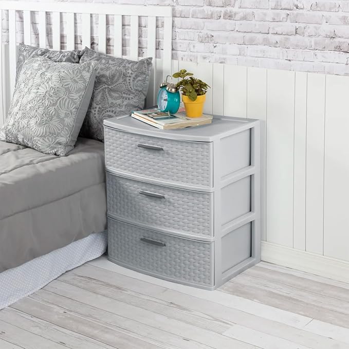 Sterilite 4 Pack 3 Drawer Wide Storage Tower, Weave Organizer, Cement | Lightweight Opaque Home Organization Container for Bedrooms, Closets, or Bathrooms