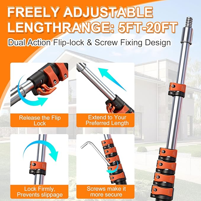 26FT Window Cleaning Kit, 2-in-1 Squeegee with 5-20FT Telescoping Pole & Flip-Lock & Screw Dual Locking, Professional Long Handle Washing Tool for High Windows