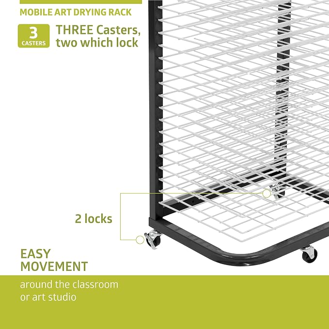 Pearington 25-Shelf Mobile/Wall Mountable Art Drying Rack for Art Studios & Classrooms, 13" D x 17.5" W x 39.4" H, Black/White