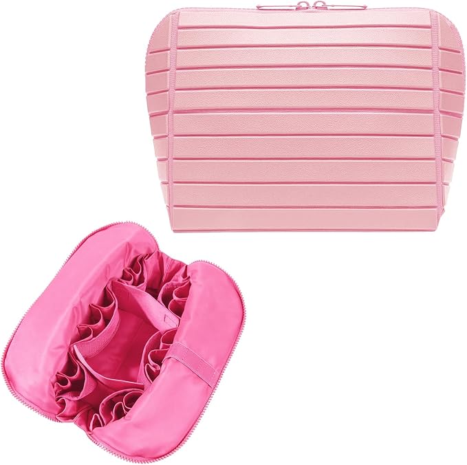 Travel Makeup Organizer Bag with Fold-Down Design and Adjustable Dividers, 27 Pockets & 3 Brush Storage Holders, Large Capacity Cosmetic Bags Toiletry Case - Pink