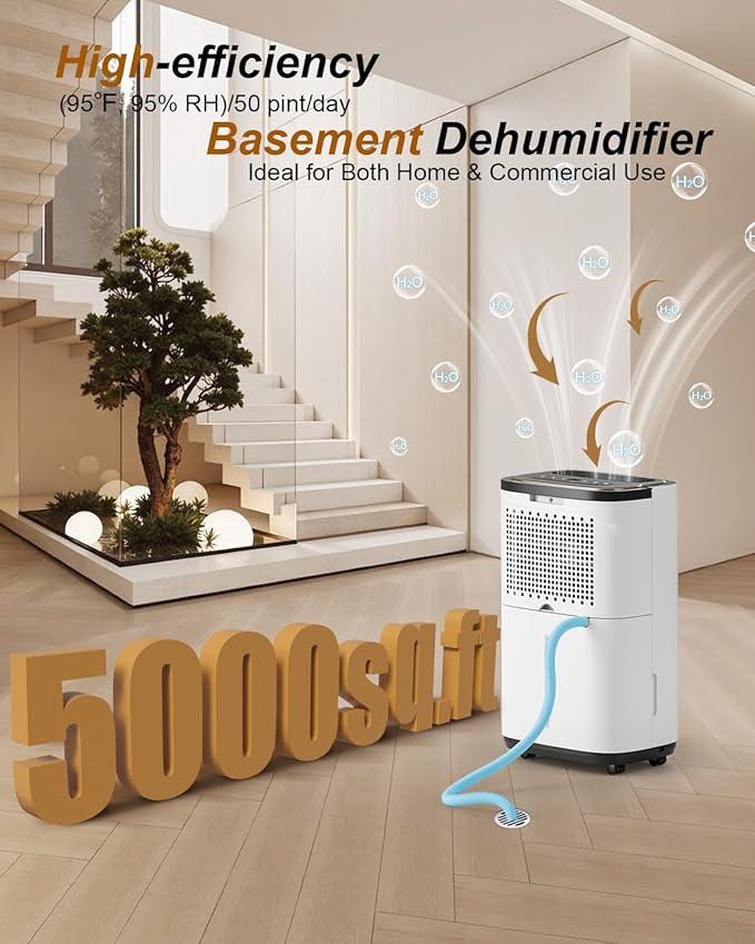 5000 Sq. Ft. Dehumidifier for Basement, Update 50 Pint Quiet Dehumidifiers for Home with Drain Hose, Smart Humidity Control, 24H Timer & Child Lock, Ideal for Large Rooms, Bedroom, Garage