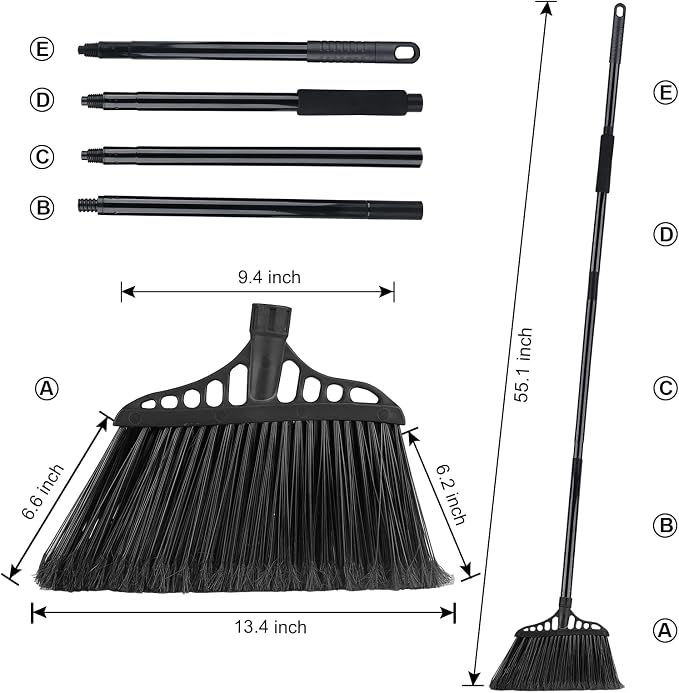 Tiumso 3-Pack Heavy Duty Broom, Commercial Broom with 55" Long Handle Outdoor Indoor, Industrial Brooms for Sweeping Garage Concrete Courtyard Patio Home Kitchen Office - All Black