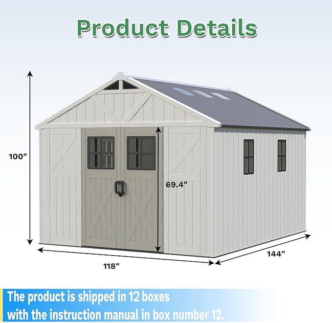 Greesum 10X12FT Plastic Outdoor Storage Shed with Floor and Lockable Door, Resin Sheds with 5-Windows and Multiple Skylights, HDPE Kick-it Shed for Garden, Patio, Backyard, Beige