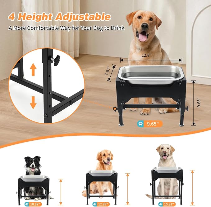 1.25 Gallon Elevated Dog Water Bowl, 4-Height Raised Stand | Stainless Steel Raised Bowl, 4 Heights 9.65-15.16 in, Non-Slip Feet, Small and Medium Dogs, Indoor Outdoor Use, Easy to Clean