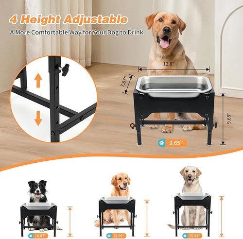 1.25 Gallon Elevated Dog Water Bowl, 4-Height Raised Stand | Stainless Steel Raised Bowl, 4 Heights 9.65-15.16 in, Non-Slip Feet, Small and Medium Dogs, Indoor Outdoor Use, Easy to Clean