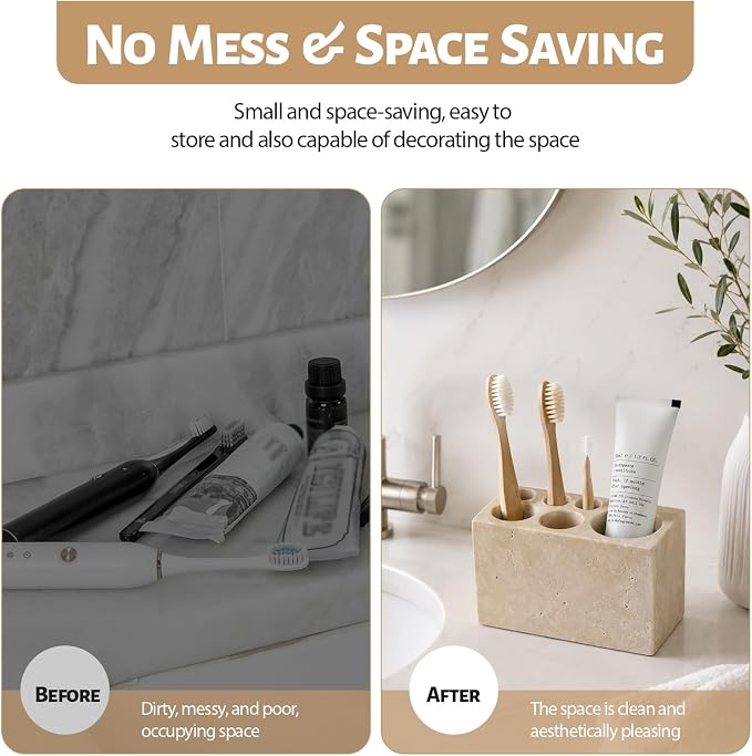 BCS Travertine Toothbrush Holder for Bathrooms, 6 Slots Open-Bottom Marble Toothbrush Organizer, Makeup Brush Stand Toothbrush Storage Collection for Bathroom Countertop Vanity Organization - Beige