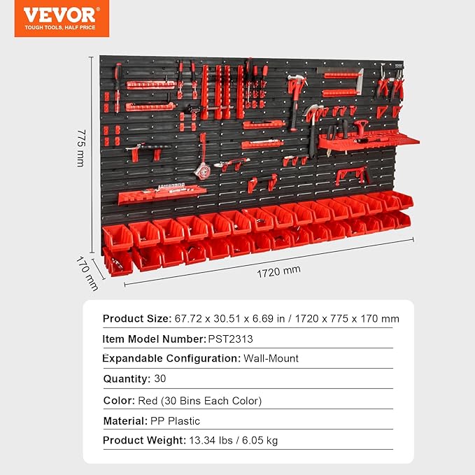 VEVOR Wall Mounted Storage Rack System, 30-Bin Parts Rack Organizer with Wall Panels/Tool Holders/Hooks, Garage Plastic Shop Tool Organizer for Nuts, Bolts, Screws, Nails, Beads, Buttons