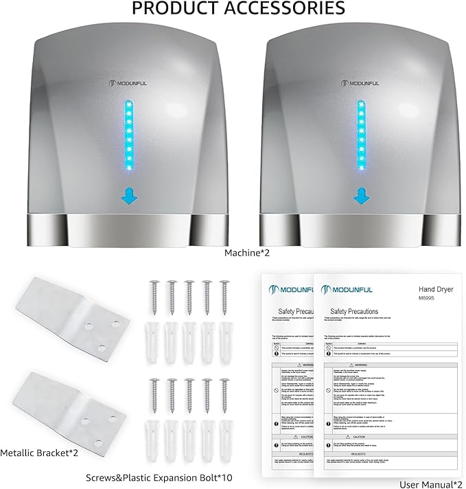 modunful 2-Pack Hand Dryers for Bathrooms Commercial - 1600W Wall-Mounted, Automatic Hand Dryer 40dB Ultra Quiet for High-Traffic Bathrooms Hotel/Station/Office, ABS Housing with Warm/Cool Air