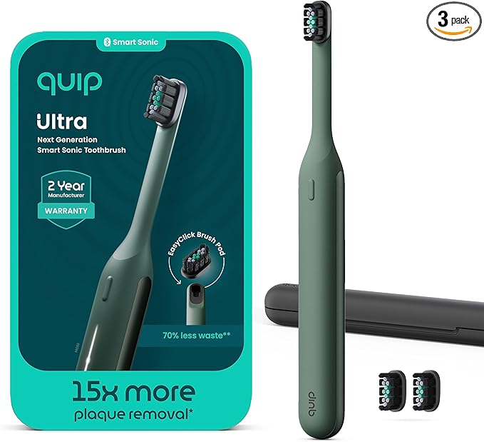 Quip Ultra Next Generation Smart Sonic Toothbrush - Timed Electric Toothbrush for Adults - Replaceable Brush Head, Soft Bristles, Silicone Handle, 30-Day Battery Life, Travel Case - Moss Green