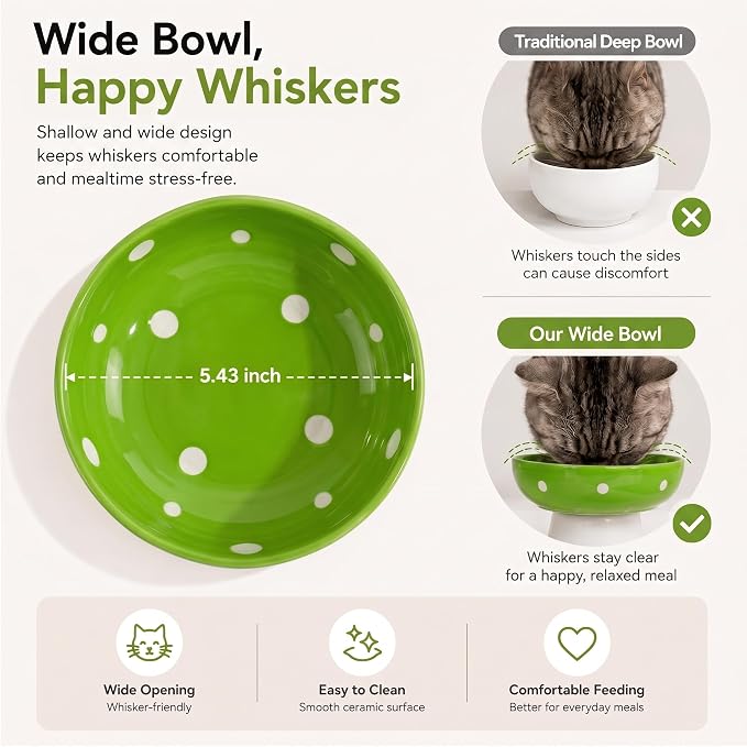 Green Mushroom Cat Bowl, Elevated Ceramic Bowl for Cats | Elevated, Ceramic, Whisker Friendly, Wide Opening, Anti Vomiting