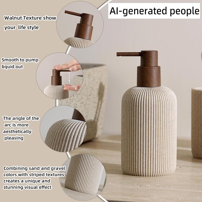 Bathroom Accessories Set, 5 PCS Modern Bath Organizer, Beige | Sandstone Look, Stripe,13.53 OZ Soap Dispenser,Toothbrush Holder,Tumbler,Soap Dish,Candle Holder for Countertop Kitchen Sink