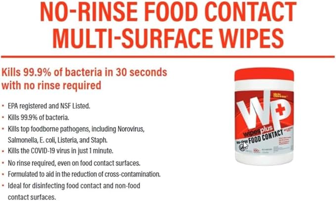 WIPESPLUS Cleaning Wipes All Purpose Food Contact - No Rinse, No Residue, Quick Dry Formula, Disinfecting Wipes For Restaurants, Foodservice, Schools - Canister, 100 Count, (Pack of 12)