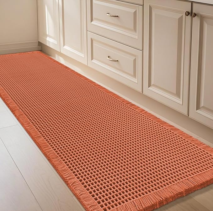 IM HOME Waffle Runner Rug Burnt Orange 6'x2'(72" x 24"), Boho Woven Modern Bath Mat, Absorbent Non Slip Bathroom Rugs, Soft Washable Rugs with Tassels for Bedroom, Kitchen, Shower, Tub