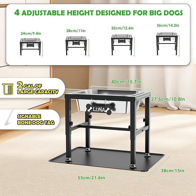 2 Gallon Elevated Dog Water Bowl for Large Dogs with Spill-Proof Mat, 4-Height Adjustable Raised Dog Water Bowl Stand (9.4-14.2'') with Stainless Steel Bowls for Indoor/Outdoor