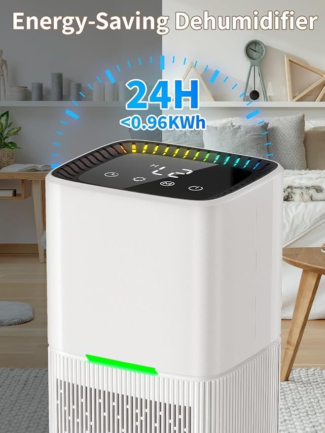 Dehumidifier, 60 OZ Water Tank, Dehumidifiers for Home, 500 sq. ft. Dehumidifier for Basement Bathroom Bedroom with Auto Shut Off, 7 Colors LED Light, Quiet Dehumidifiers with Sleep Mode (White)