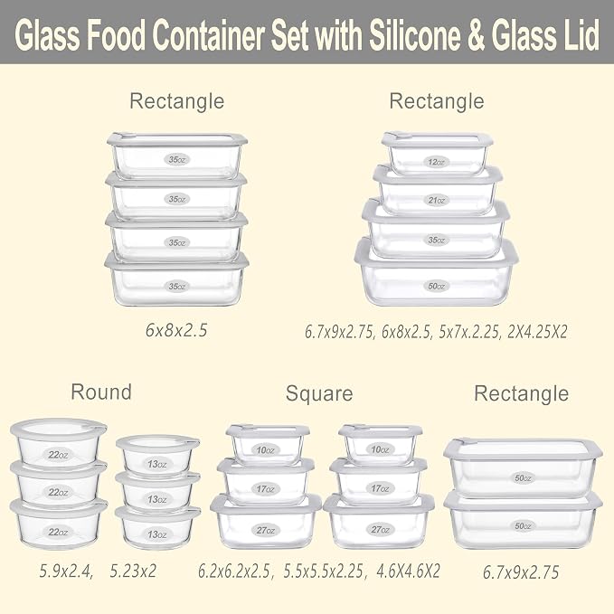 Glass Food Containers with Glass Lid, Microwave Safe Food Storage Container Set, 6 Pack, Large Size Airtight Storage Set with Leak Proof Lids, Meal Prep Containers