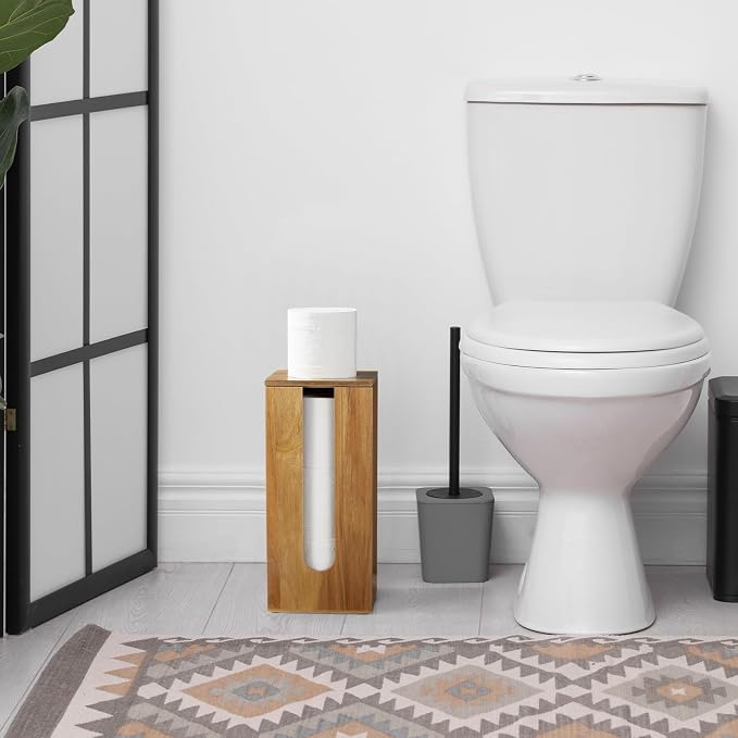 OUTNILI Freestanding Toilet Paper Holder Stand with Lid, Acacia Wood Bathroom Storage Organizer, Rustic Farmhouse Toilet Paper Holder for Floor, Holds 3 Extra Large Rolls