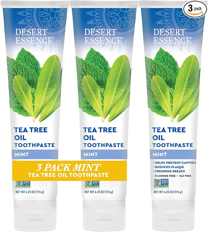 Desert Essence Tea Tree Oil Toothpaste, Mint, 6.25 Oz, Pack of 3 | Refreshing Taste, Helps Fight Plaque, Sea Salt, Pure Essential Oil, Baking Soda