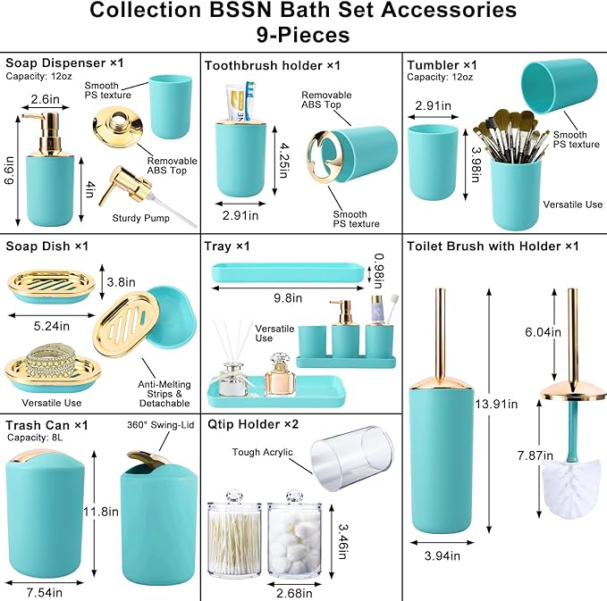 9 Pieces Teal Bathroom Accessories Set Gorgeous Gold Bathroom Set, Trash Can, Toilet Brush, Soap Dispenser, Toothbrush Holder, Soap Dish, Tumber, Qtip Holder, Tray, Sink Countertop Set