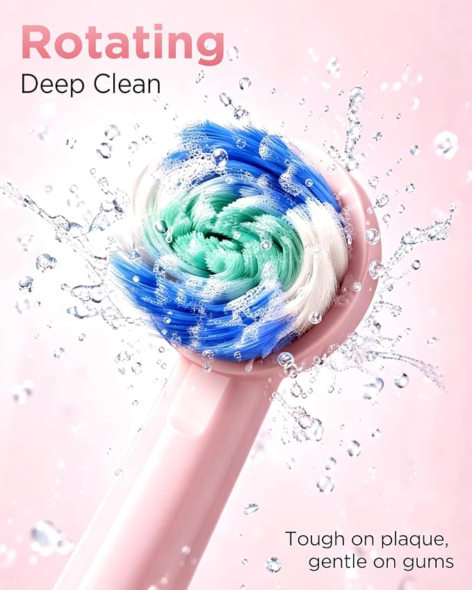 Rtauys Rotating Electric Toothbrush for Adults with 8 Brush Heads (2 Types), 5 Modes Rechargeable Power Toothbrush with Travel Case and 2 Minute Smrte Timer (Pink)