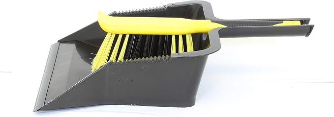 CHARLES BENTLEY Bulldozer Heavy Duty Dustpan and Brush Set with Stiff, Soft PVC Bristles, Serrated Edges, Front Scraper, Rubber Lip, Suitable for Garden and Indoor Use, Black and Yellow (44x28.5cm)