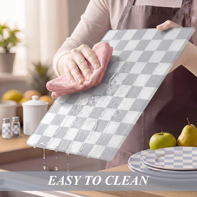 Thenshop Set of 2 Tempered Glass Cutting Boards Silver Gray Check Countertop Cutting Boards Heat Resistant with Non-slip Feet for Kitchen Counter Housewarming Wedding Gift 7.9x11inch+11x15 Inch