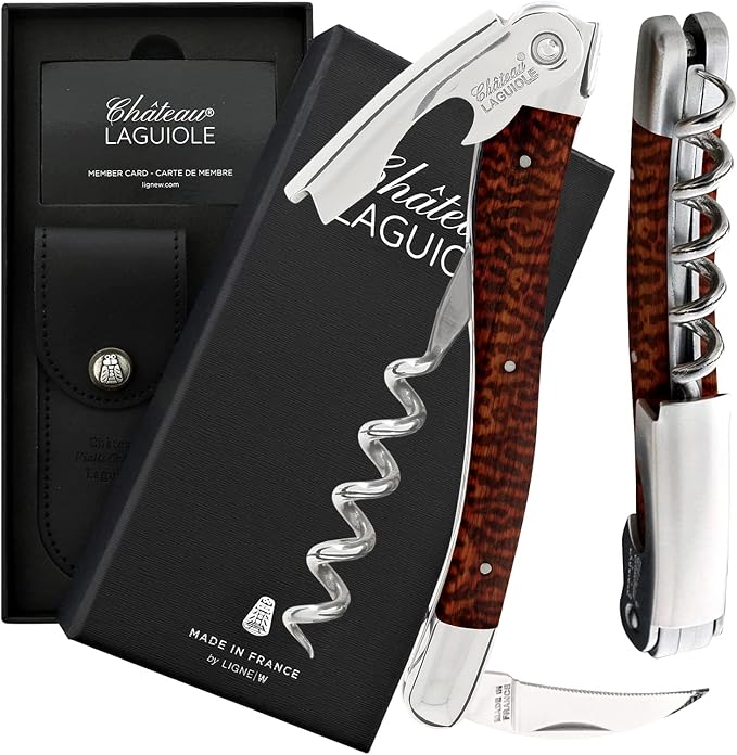 Chateau Laguiole Classic Corkscrew - Snake Wood Luxury Wine Opener - Made in France - Sommelier Wood Handle With Leather Sheath & Gift Box