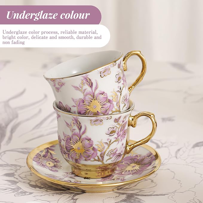 20 Pcs Porcelain Tea Set with Metal Holder European Flower Tea Sets for Adults, Ceramic Tea Party Set European Flower Painting Teapot Cup Saucer Spoon Set for Women, Large Version (Elegant Purple)