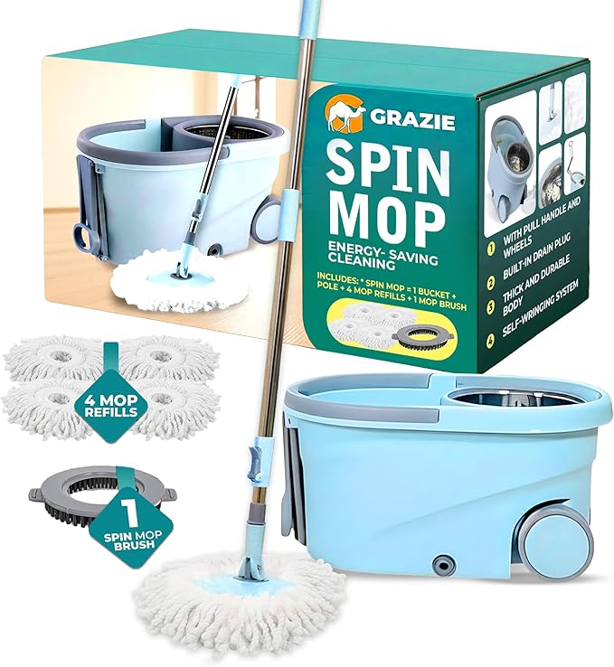 Grazie Spin Mop & Bucket Set - 360° Self-Wringing System with Wheels, Stainless Steel Handle - Hands-Free Floor Cleaning for Hardwood, Tile, Laminate - Includes 4 Washable Microfiber Mop Head Refills