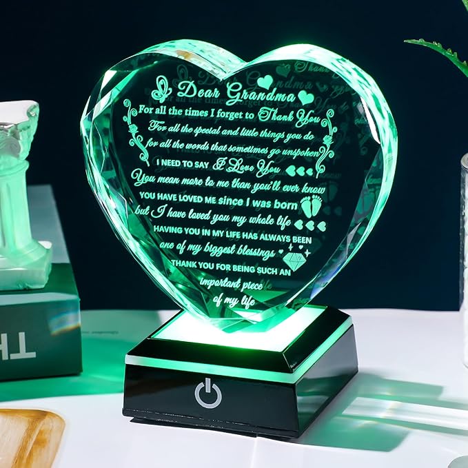 Arikyrist Grandma Birthday Gifts with Colorful LED Base Meaningful Crystal Heart Gifts for Grandma from Grandkids Great Gift Ideas for Grandmother on Mothers Day Valentine Thanksgiving