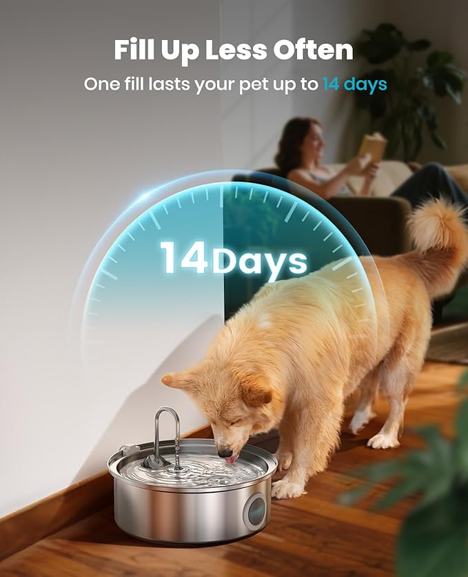 Oneisall Dog Water Fountain PWF002 with 1Filters | 304 Stainless Steel, Visual Water Level, 25dB Ultra-Quiet, 5-Stage Filtration, Dishwasher-Safe,Living Room Kitchen for Dog