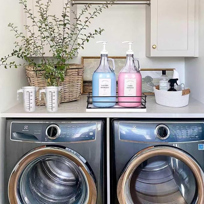 2 Pcs Glass Liquid Laundry Detergent Dispenser, Half Gallon Dispenser for Laundry Room (64 oz. Each), Laundry Detergent Bottles with Pump Dispenser -Includes Labels, Measuring Cups,Wooden Stand