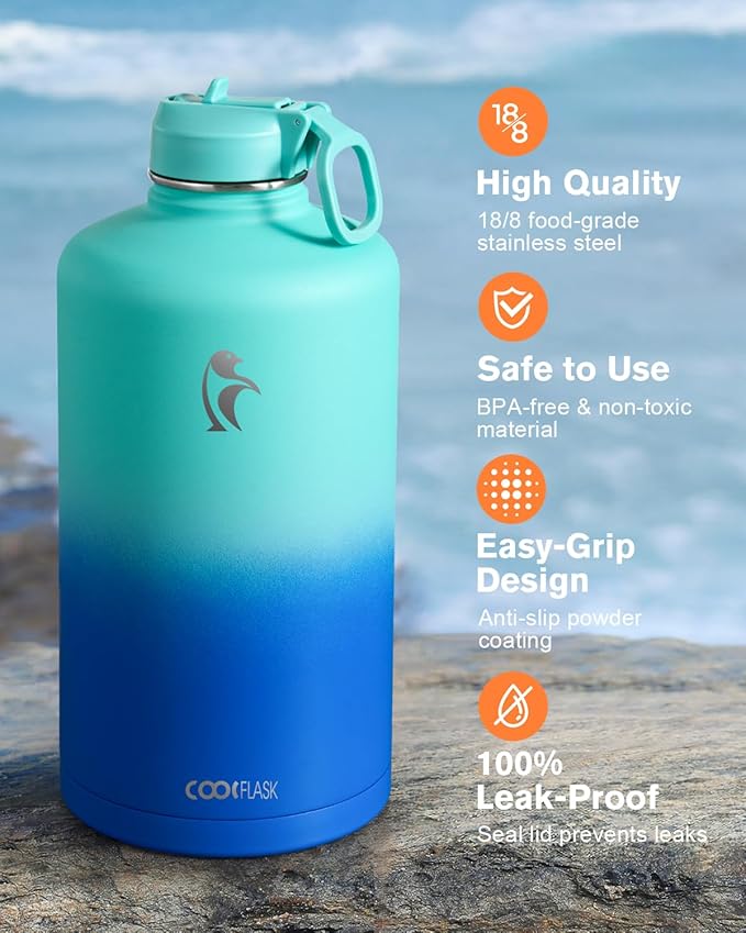 Coolflask 128 oz Gallon Water Bottle Insulated with Straw&3 Lids, Water Jug Large Stainless Steel Metal Vacuum Wide Mouth for Sports, Gym or Office, Non-BPA Keep Cold 48H Hot 24H, Pacific Prince