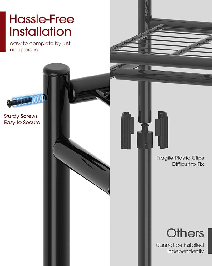 Sakugi Clothes Rack - 33.0" x 12.2" x 79.5" Clothing Rack with Shelves & Wheels, Multi-Functional Wardrobe Closet with Hooks, Sturdy Metal Garment Rack for Bedroom, Laundry, Balcony (Black)