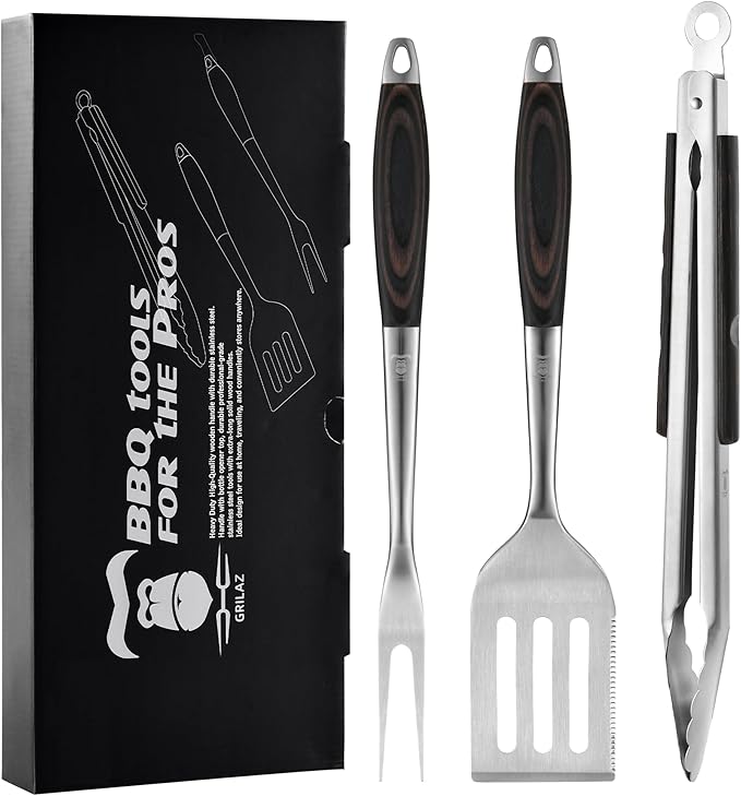 Grilaz Stainless Steel BBQ Tool Set | Dark-Dyed Wood Handles | Heavy Duty Grilling Accessories | 3-Piece Outdoor Barbecue Grill Utensil Set with Spatula, Fork, and Tongs - Ideal Gift for Men…