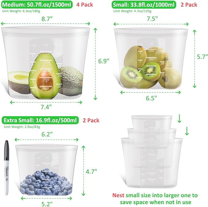 100% Platinum Silicone Reusable Food Storage Bags, 8 Pack (4M + 2S + 2XS) | Premium Silicone Reusable Storage Bag, Stand-Up Wide-Mouth Ziplock, Various Sizes, Freezer Microwave Dishwasher Safe, Clear