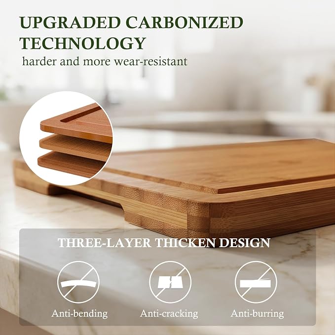 Empune Bamboo Cutting Boards for Kitchen, 3 Piece Extra Thick Cutting Board Set with Juice Groove, Deep Carbonized Bamboo Chopping Board, Reversible Wood Cutting Board for charcuterie boards, Brown