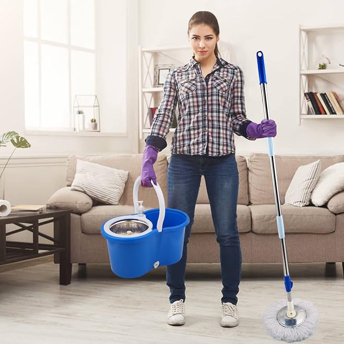 Spin Mop and Bucket with Wringer Set, 6 Mop Refills, 61" Handle (2 Sets) | 360° Spinning Mop System with Stainless Steel Extended Handle & 6 Microfiber Refills for Floor Cleaning