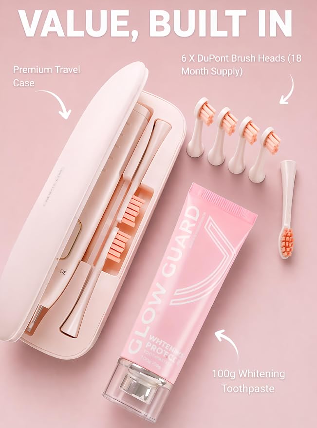 Sonic Lux™ Pink Electric Toothbrush for Adults – Luxury Rechargeable Sonic Electric Toothbrush with Travel Case with GlowGuard Nano-Hydroxyapatite Whitening Toothpaste & 6 Brush Heads