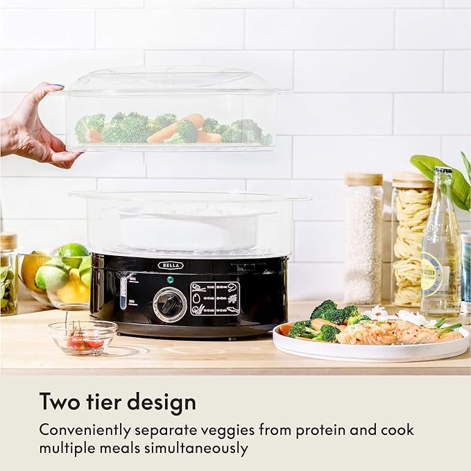 BELLA Two Tier Food Steamer with Stackable Baskets & Removable Base for Fast Simultaneous Cooking - Auto Shutoff & Boil Dry Protection, 7.4 QT, Black