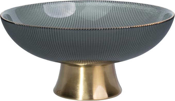 Round Glass Decorative Bowl(Gray), 9.8 Inches Handblown Striped Glass Bowl with Gold Trim and Rust Resistant Metal Base,Decor Fruit Bowl for Home Decor,Table Centerpiece,Kitchen Island, Dining Decor