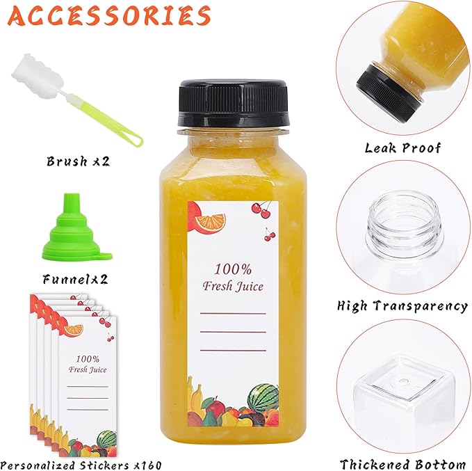 OBKJJ Plastic Juice Bottles 150 pcs 8 oz Empty Plastic Water Bottles with Caps Reusable Clear Beverage Containers for Drinking, Juicing, Smoothie, Water with 2 Brushes, 2 Funnels, 160 Stickers (8 OZ)