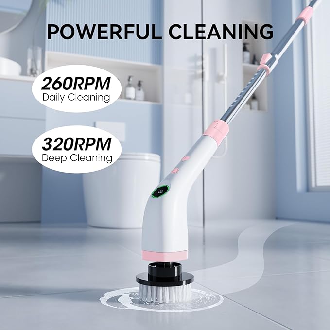 Electric Bathroom Cleaning Brush, Cordless Spin Scrubber Full Body Waterproof IPX7 with Adjustable Handle, 8 Replaceable Brush Heads for Bathtub/Kitchen/Window/Home -SD-CTB01