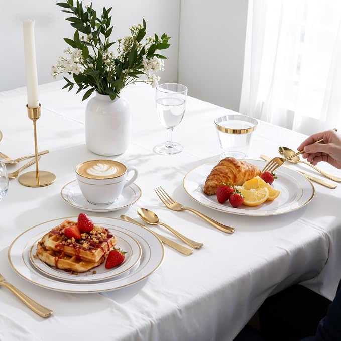 WDF Partyware 350Piece Gold Dinnerware Set for 50 Guests - Gold Plastic Plates with Disposable Cutlery - 50Dinner Plates-50Dessert Plates-50Pre Rolled Napkins with Silverware for Wedding/Birthday