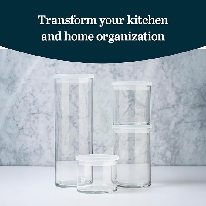 Libbey Stacking Cylinder Assorted Storage Jars, Stackable Glass Jars Set of 4, Airtight Plastic Lids, Dishwasher Safe Food Jars for Storing Dry Goods
