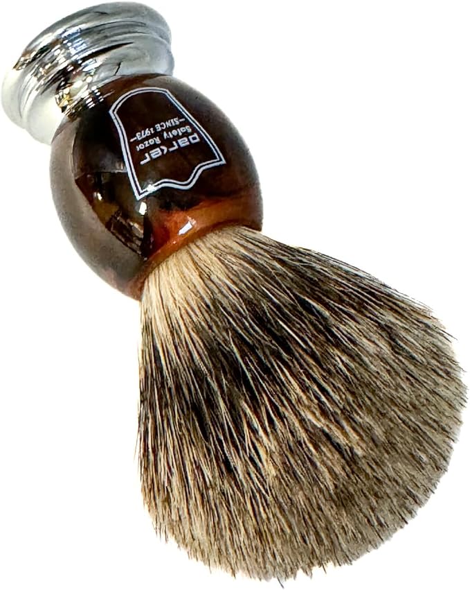 Parker 3-Band Pure Badger Shaving Brush with Faux Horn & Chrome Handle + Stand | 22mm Soft Knot for Dense Lather | Handcrafted Wet Shaving Brush for Cream or Soap | Long Loft