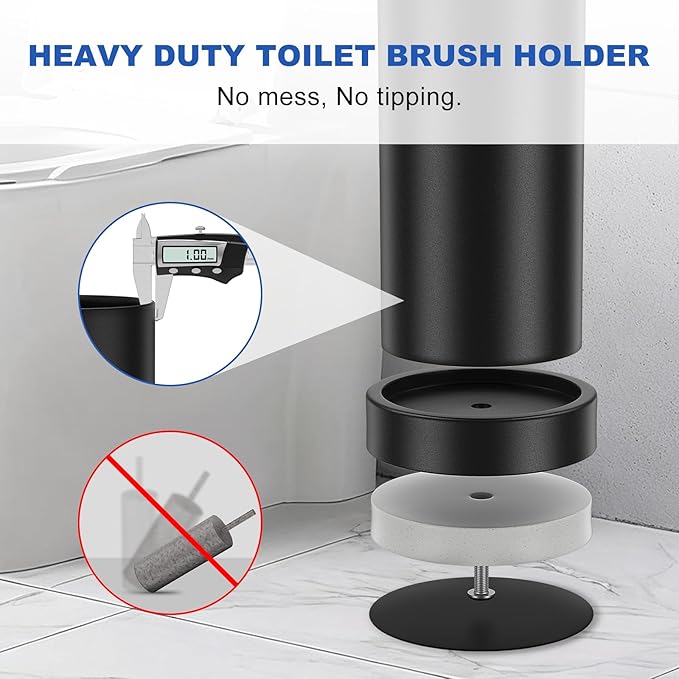 2 PCS Black 304 Stainless Steel Toilet Brush and Holder Set, Long Handle Deep Cleaning Toilet Scrubber with Splash Protection, Weighted Base & Non-Scratch Sponge, Minimalist Bathroom Accessory