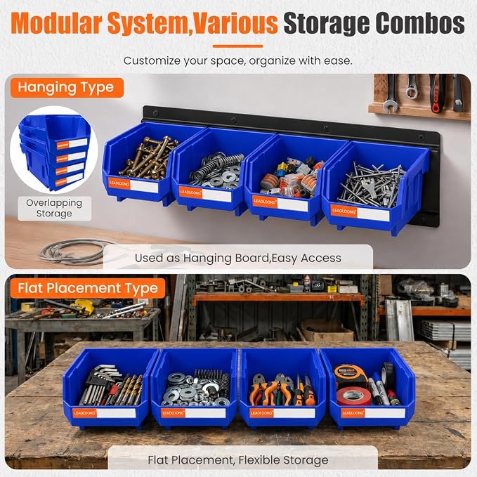 16pc Wall-Mounted Storage Organizer Set with Metal Rails Blue | Heavy duty tool organization box with metal rails. Ext 5"x4"x3" for garage screws nuts bolts.